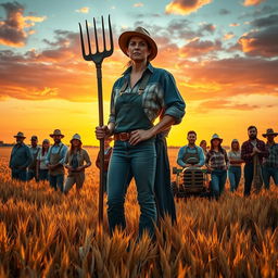 A dramatic and inspiring scene featuring eleven heroic farmers standing in a sprawling golden field at sunset