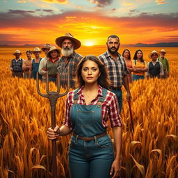 A dramatic and inspiring scene featuring eleven heroic farmers standing in a sprawling golden field at sunset