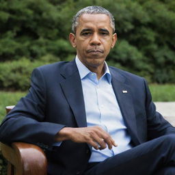 Former President Barrack Obama sitting leisurely, effortlessly puffing a cigar.