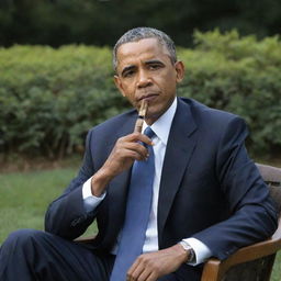 Former President Barrack Obama sitting leisurely, effortlessly puffing a cigar.