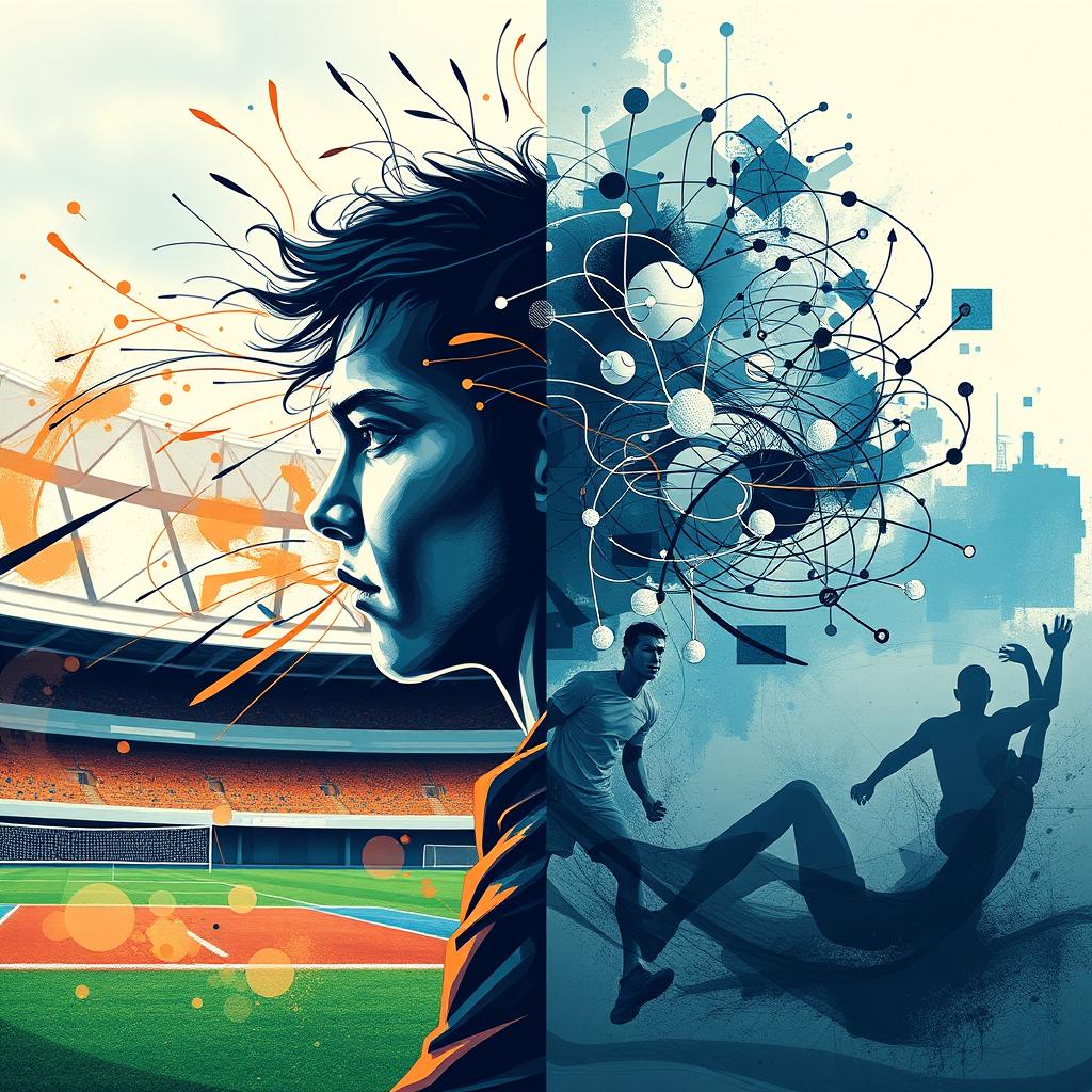 An artistic representation of the theme 'mind in sports' showcasing the duality of thought and physicality