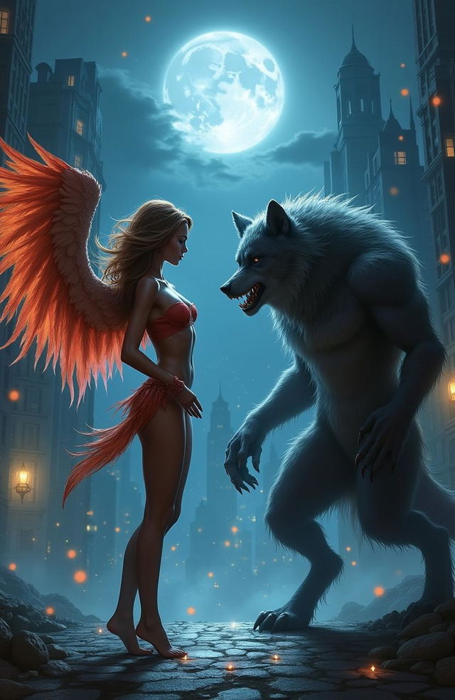 A captivating urban fantasy scene depicting a stunning, sexy winged woman with vibrant feathers blending with her shapely body, standing defiantly as she faces a fierce werewolf