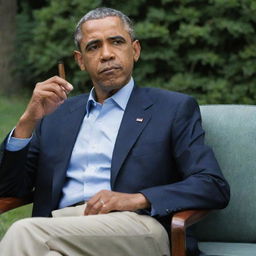 Former President Barrack Obama sitting leisurely, effortlessly puffing a cigar.