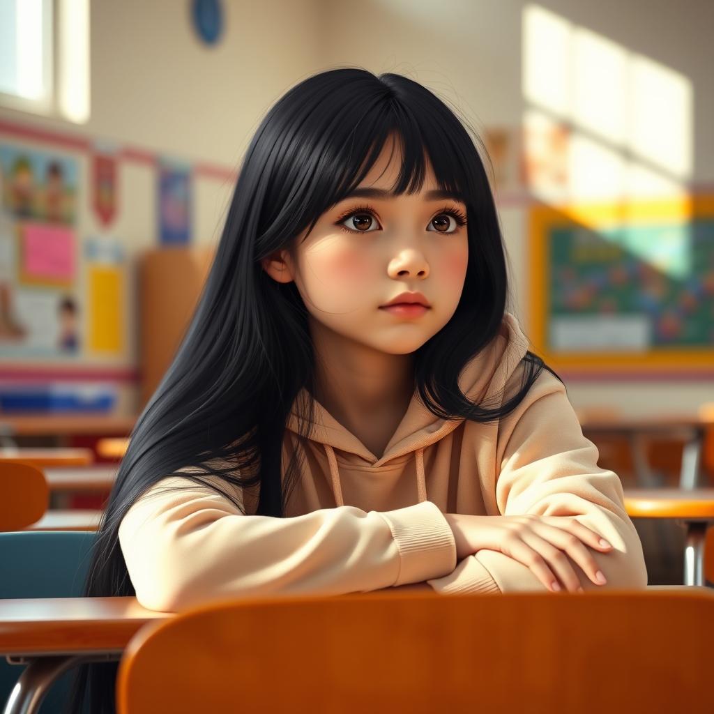 A thoughtful high school girl with long black hair, sitting at a desk in a classroom