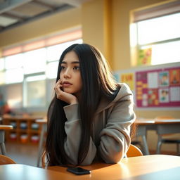 A thoughtful high school girl with long black hair, sitting at a desk in a classroom