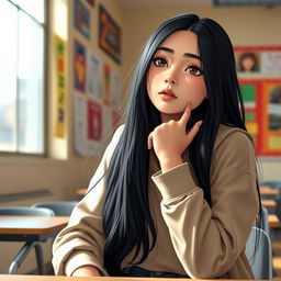 A thoughtful high school girl with long black hair, sitting at a desk in a classroom