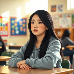 A thoughtful high school girl with long black hair, sitting at a desk in a classroom