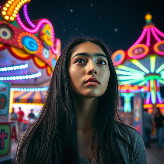 A young woman with long black hair, deep in thought, standing in front of a vibrant fairground backdrop