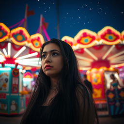 A young woman with long black hair, deep in thought, standing in front of a vibrant fairground backdrop