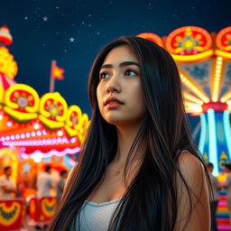 A young woman with long black hair, deep in thought, standing in front of a vibrant fairground backdrop