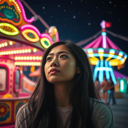 A young woman with long black hair, deep in thought, standing in front of a vibrant fairground backdrop