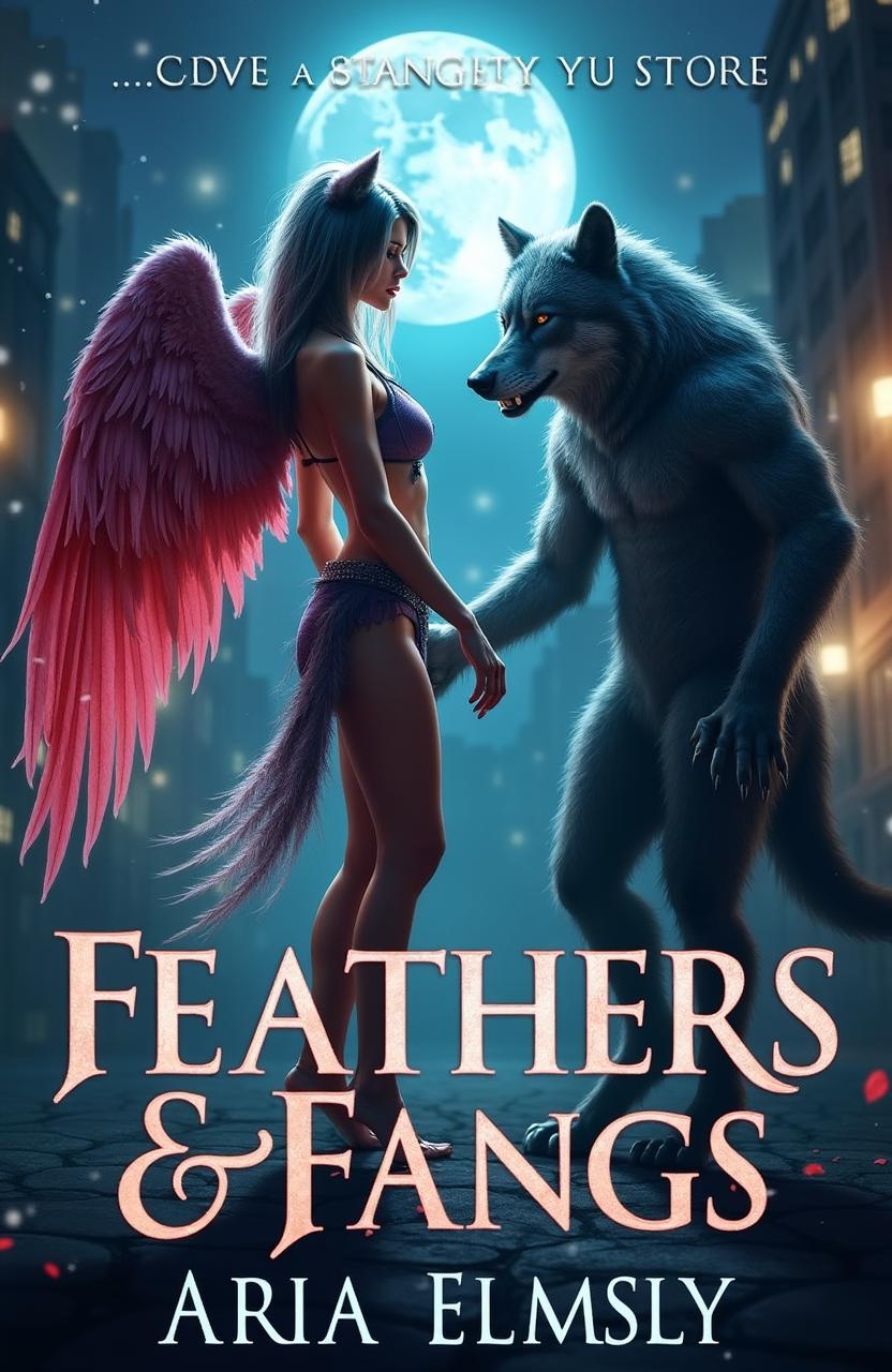 A captivating urban fantasy scene depicting a stunning, sexy winged woman with vibrant feathers blending with her shapely body, standing defiantly as she faces a fierce werewolf