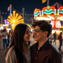 A young woman with long black hair and a young man with brown hair wearing round glasses, gazing at each other with warm smiles, standing in front of a lively fairground