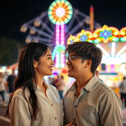 A young woman with long black hair and a young man with brown hair wearing round glasses, gazing at each other with warm smiles, standing in front of a lively fairground