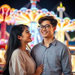 A young woman with long black hair and a young man with brown hair wearing round glasses, gazing at each other with warm smiles, standing in front of a lively fairground