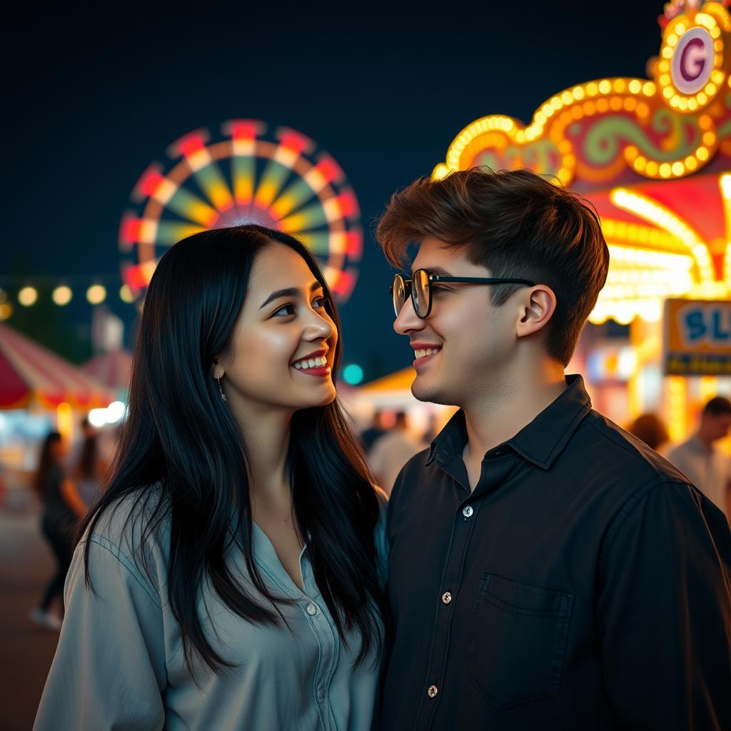 A young woman with long black hair and a young man with brown hair wearing round glasses, gazing at each other with warm smiles, standing in front of a lively fairground