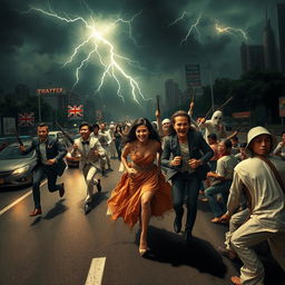 An intense scene set in Jakarta, featuring a dark sky illuminated by flashes of lightning, adding to the chaotic atmosphere