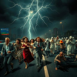 An intense scene set in Jakarta, featuring a dark sky illuminated by flashes of lightning, adding to the chaotic atmosphere