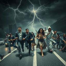 An intense scene set in Jakarta, featuring a dark sky illuminated by flashes of lightning, adding to the chaotic atmosphere