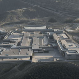 An aerial view of a state-of-the-art maximum-security penitentiary, featuring imposing walls, high-tech surveillance systems, and a complex layout.