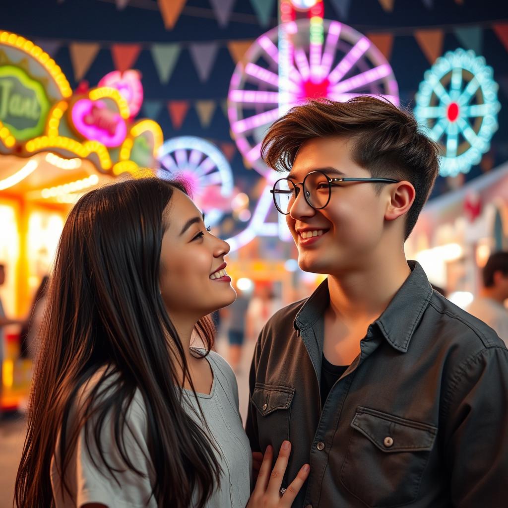 A teenage girl with long black hair and a teenage boy with brown hair wearing round glasses, lovingly gazing into each other's eyes with warm smiles, set against the backdrop of a lively fair