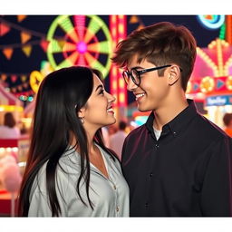 A teenage girl with long black hair and a teenage boy with brown hair wearing round glasses, lovingly gazing into each other's eyes with warm smiles, set against the backdrop of a lively fair