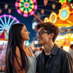 A teenage girl with long black hair and a teenage boy with brown hair wearing round glasses, lovingly gazing into each other's eyes with warm smiles, set against the backdrop of a lively fair