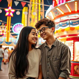 A teenage girl with long black hair and a teenage boy with brown hair wearing round glasses, lovingly gazing into each other's eyes with warm smiles, set against the backdrop of a lively fair