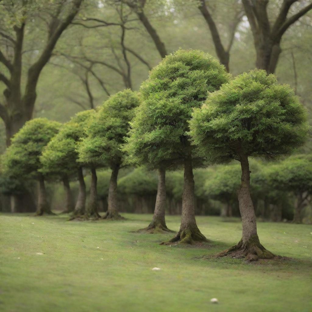 A delightful view of a small grove of dwarf trees. Despite their diminutive size, they are rich in detail, with tiny leaves fluttering in the breeze, and sturdy trunks, fostering an atmosphere of tranquil charm.