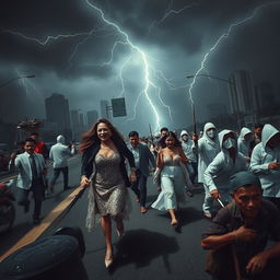 A harrowing scene in Jakarta, where the atmosphere is charged with tension beneath a dim sky lit by jagged flashes of lightning