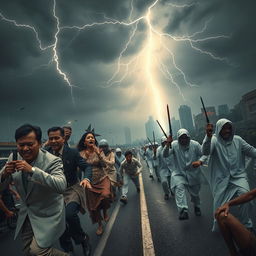 A harrowing scene in Jakarta, where the atmosphere is charged with tension beneath a dim sky lit by jagged flashes of lightning