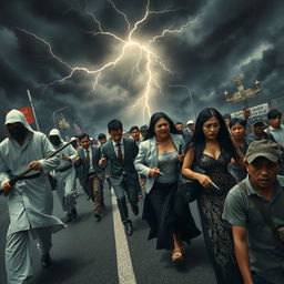 A harrowing scene in Jakarta, where the atmosphere is charged with tension beneath a dim sky lit by jagged flashes of lightning