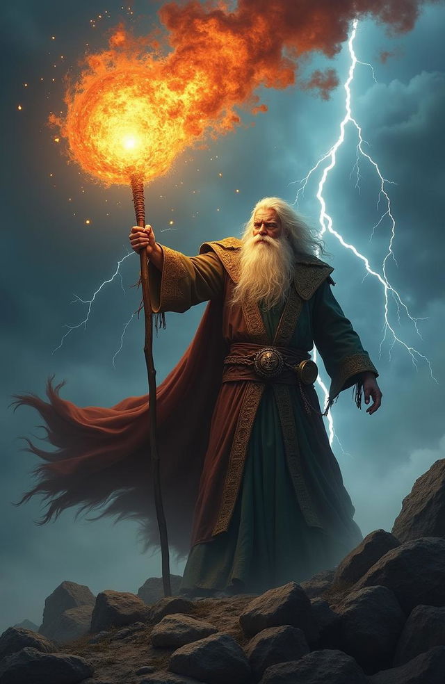 An ultimate wizard conjuring a devastating fireball, standing on a rocky cliff overlooking a dark landscape, with intense magical energy swirling around him