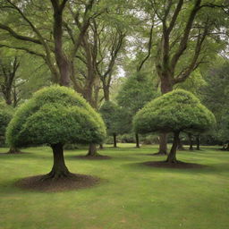 A delightful view of a small grove of dwarf trees. Despite their diminutive size, they are rich in detail, with tiny leaves fluttering in the breeze, and sturdy trunks, fostering an atmosphere of tranquil charm.