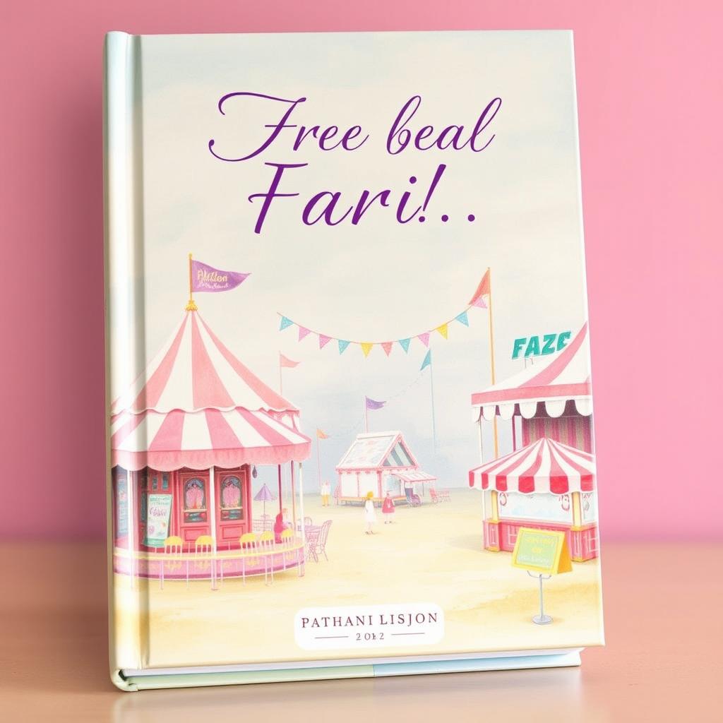 A charming book cover design featuring a fair scene painted in soft pastel colors