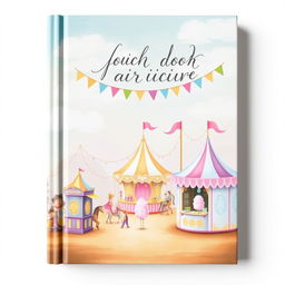 A charming book cover design featuring a fair scene painted in soft pastel colors