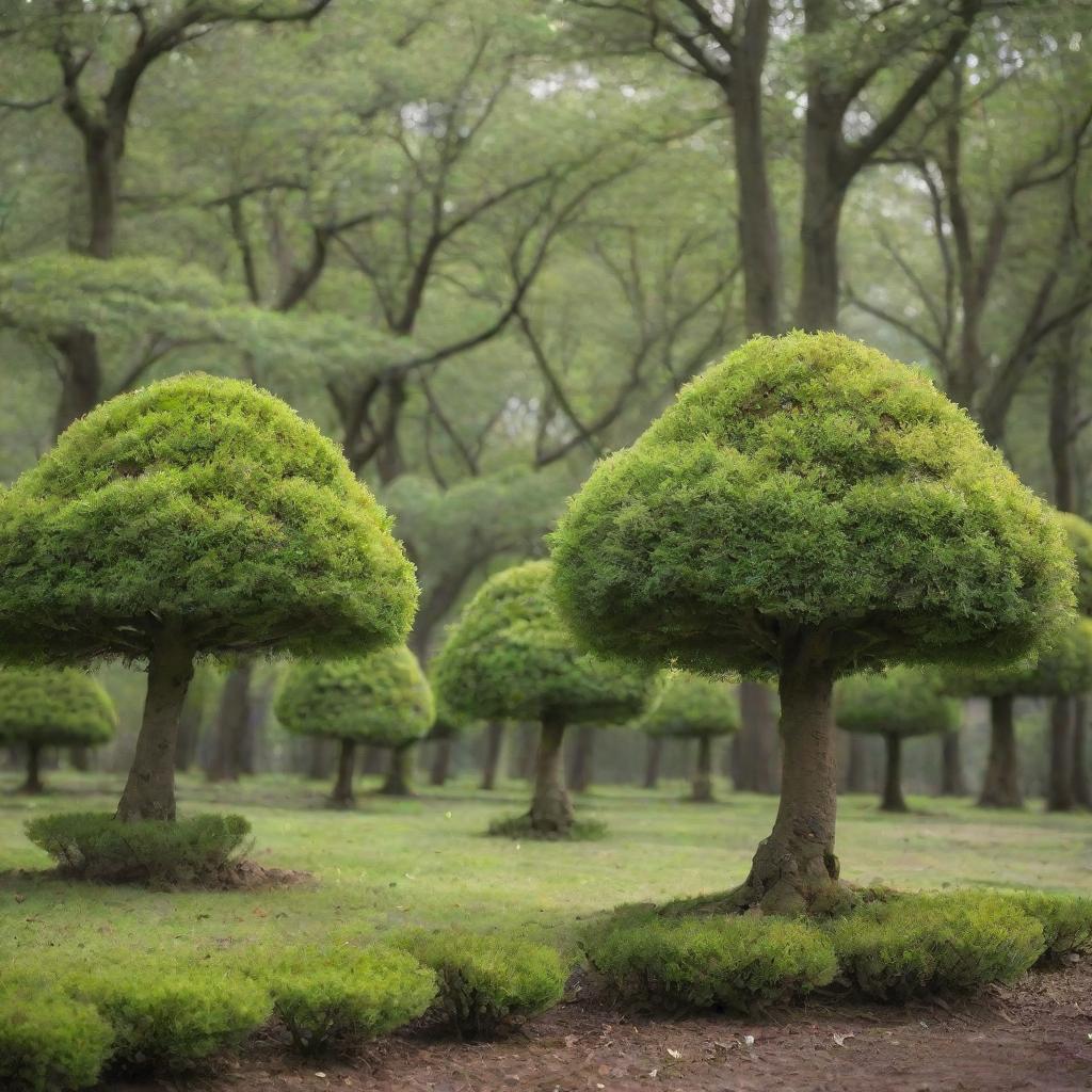 A delightful view of a small grove of dwarf trees. Despite their diminutive size, they are rich in detail, with tiny leaves fluttering in the breeze, and sturdy trunks, fostering an atmosphere of tranquil charm.