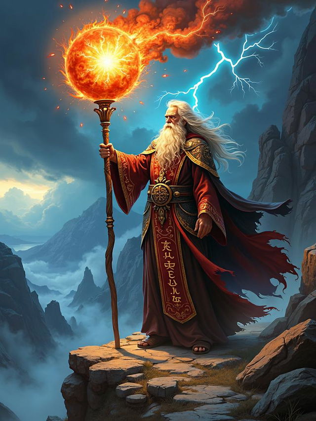 An ultimate wizard conjuring a devastating fireball, standing on a rocky cliff with a panoramic view of a dark, chaotic landscape