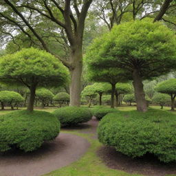 A delightful view of a small grove of dwarf trees. Despite their diminutive size, they are rich in detail, with tiny leaves fluttering in the breeze, and sturdy trunks, fostering an atmosphere of tranquil charm.