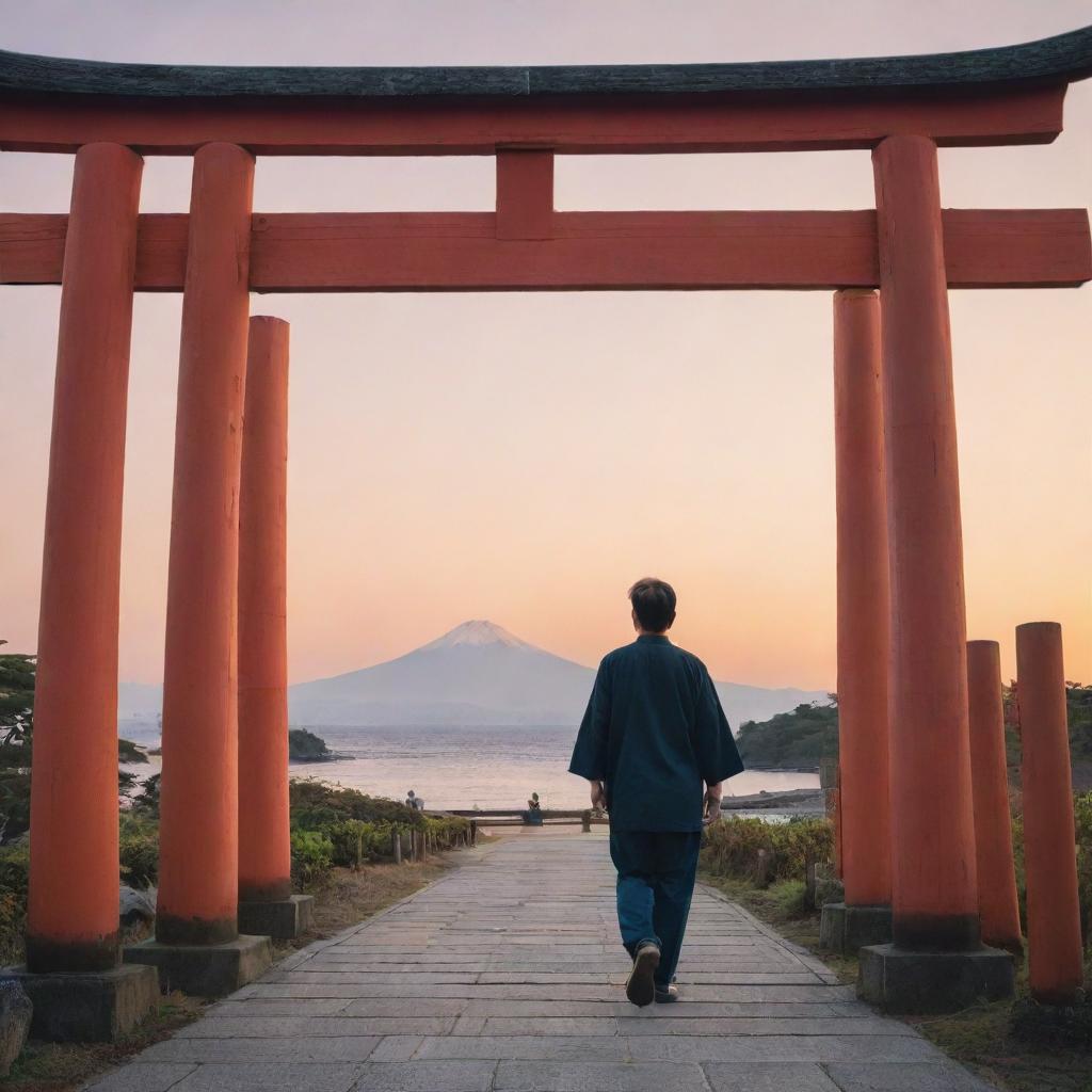 A detailed profile of a man in casual attire, strolling peacefully under an imposing traditional Japanese Torii gate at dusk.