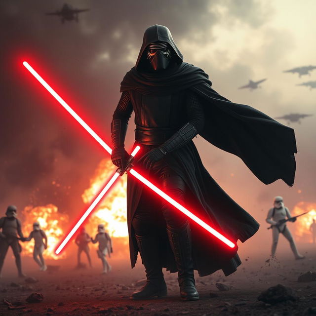 A dramatic scene featuring Kylo Ren in a war environment, dressed in his iconic black armor and cloak