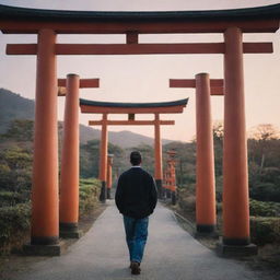 A detailed profile of a man in casual attire, strolling peacefully under an imposing traditional Japanese Torii gate at dusk.