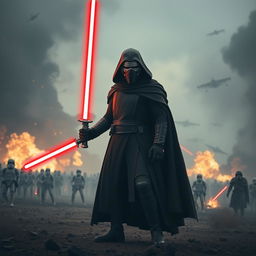 A dramatic scene featuring Kylo Ren in a war environment, dressed in his iconic black armor and cloak