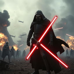 A dramatic scene featuring Kylo Ren in a war environment, dressed in his iconic black armor and cloak