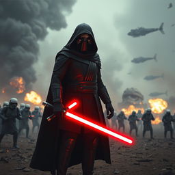 A dramatic scene featuring Kylo Ren in a war environment, dressed in his iconic black armor and cloak