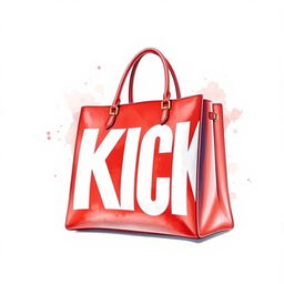 A luxurious red handbag adorned with a bold white 'KICK' logo, depicted in a stunning watercolor illustration style