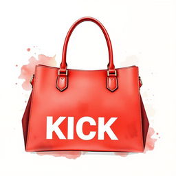 A luxurious red handbag adorned with a bold white 'KICK' logo, depicted in a stunning watercolor illustration style