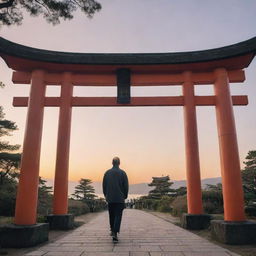 A detailed profile of a man in casual attire, strolling peacefully under an imposing traditional Japanese Torii gate at dusk.