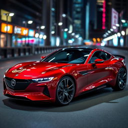 A high-quality sports car featuring a glossy metallic finish with striking reflections from ambient lights dancing on its sleek surface