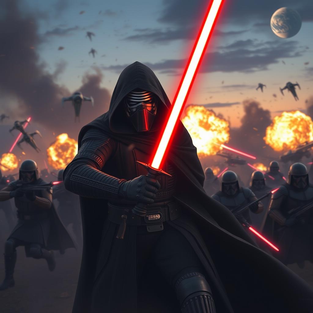 Kylo Ren in a war environment, clad in his iconic black armor and cape, wielding his red lightsaber, surrounded by soldiers engaged in battle, explosions lighting up the dusk sky, smoke and debris around him, a tense and dramatic atmosphere, showcasing his fierce expression of determination, emphasizing the chaos of the battlefield, with a mix of futuristic starships firing in the background and distant planets visible in the sky